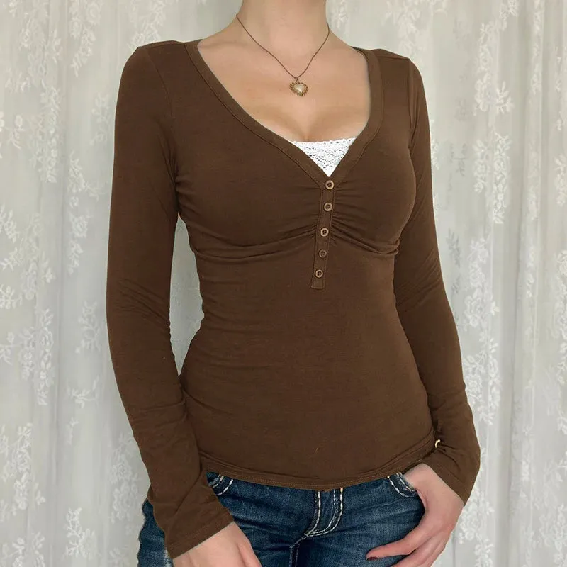 Vintage Lace Patched Slim Buttons Long Sleeve Top