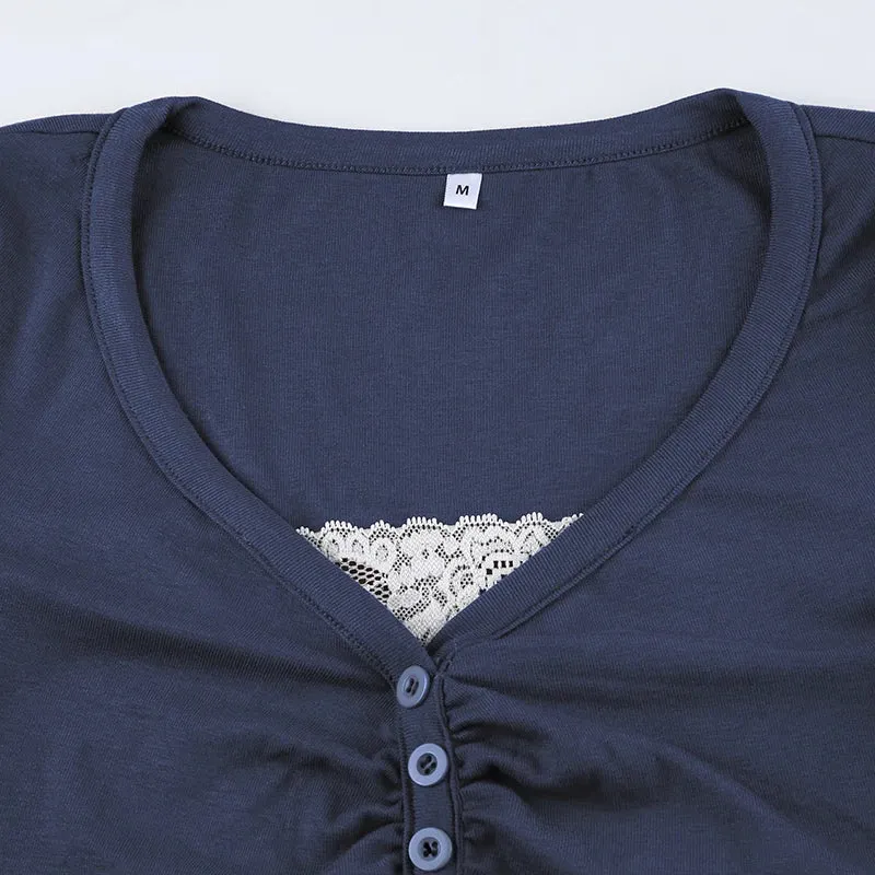 Vintage Lace Patched Slim Buttons Long Sleeve Top