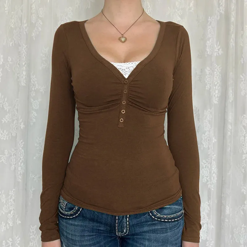 Vintage Lace Patched Slim Buttons Long Sleeve Top