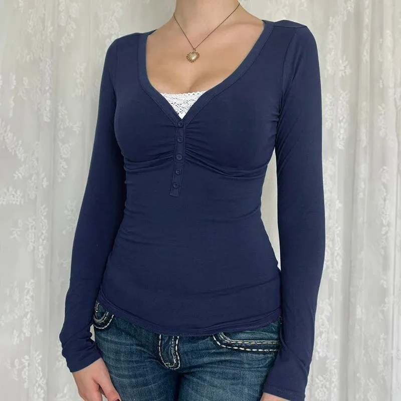 Vintage Lace Patched Slim Buttons Long Sleeve Top