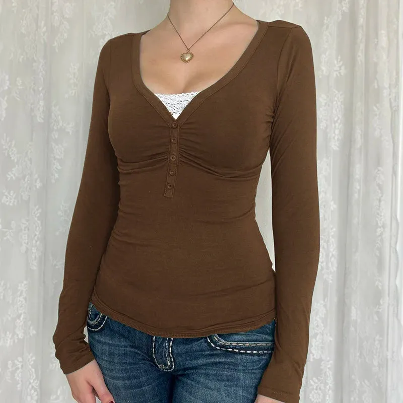 Vintage Lace Patched Slim Buttons Long Sleeve Top