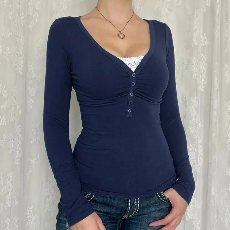 Vintage Lace Patched Slim Buttons Long Sleeve Top