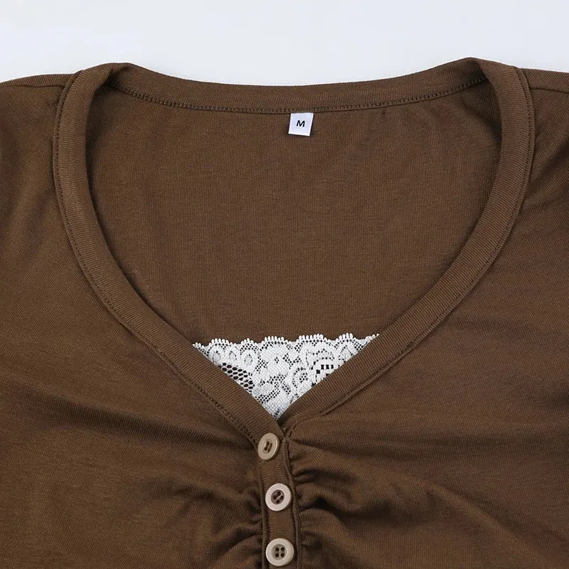 Vintage Lace Patched Slim Buttons Long Sleeve Top
