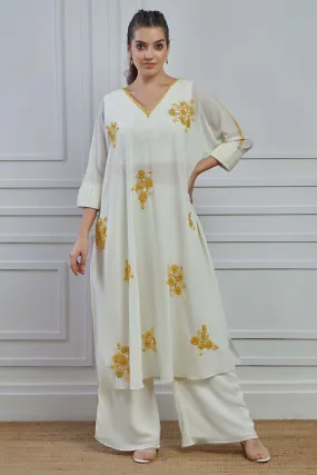White Floral Embellished Crepe Silk Kurta Palazzo Set