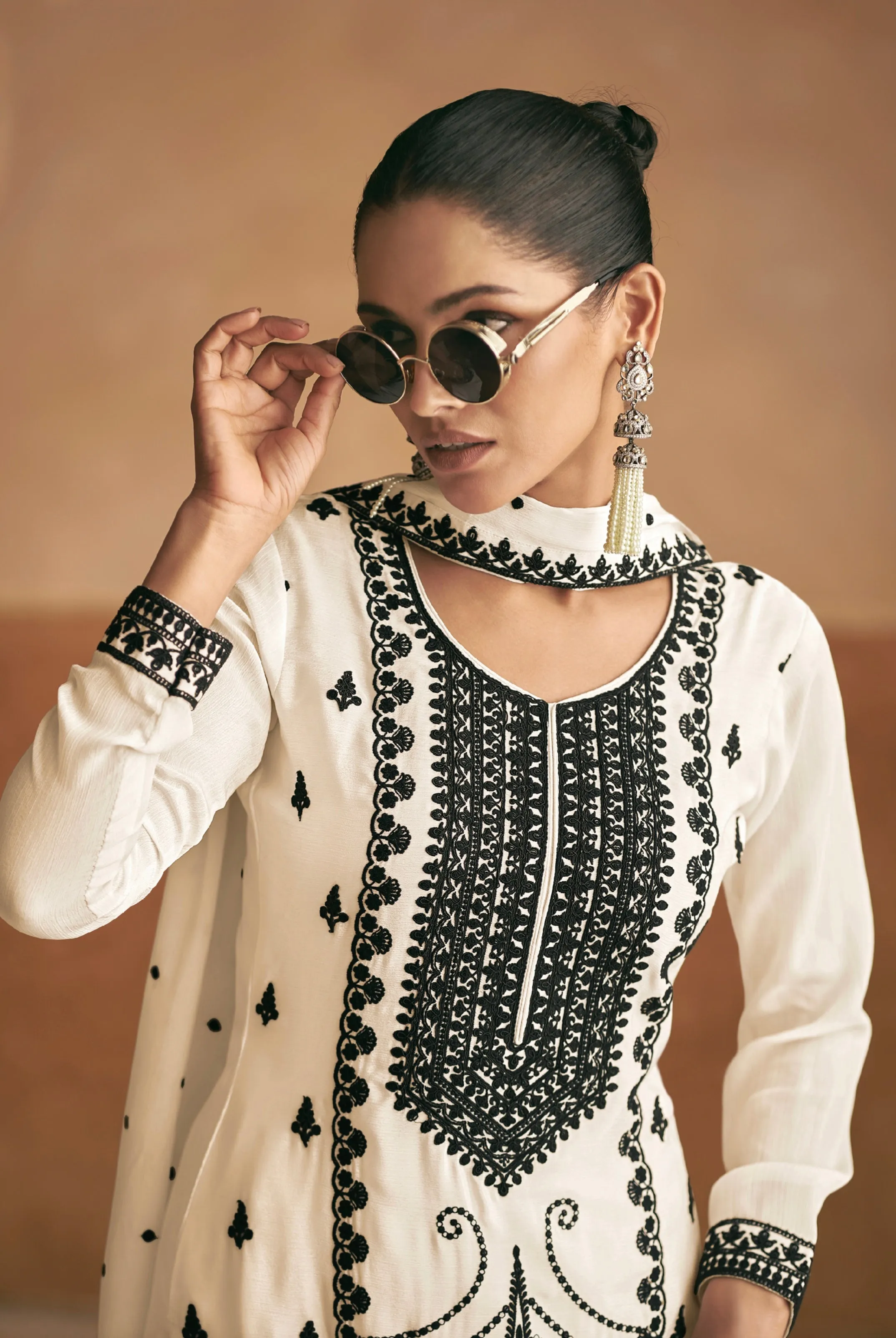 White Premium Chinnon Silk Palazzo Suit with Black Embroidery