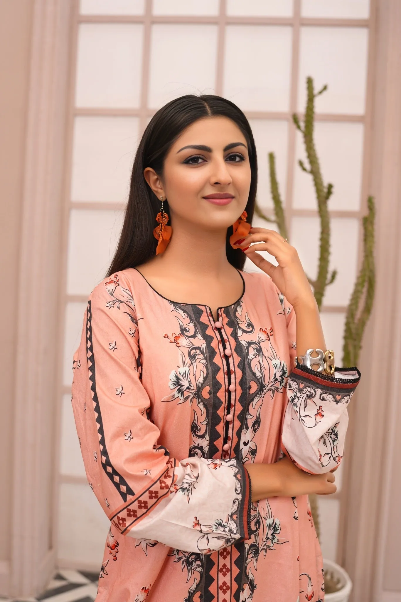 Women's Cotton Printed Kurti - Peach & Black | Buy Online USA – IshDeena