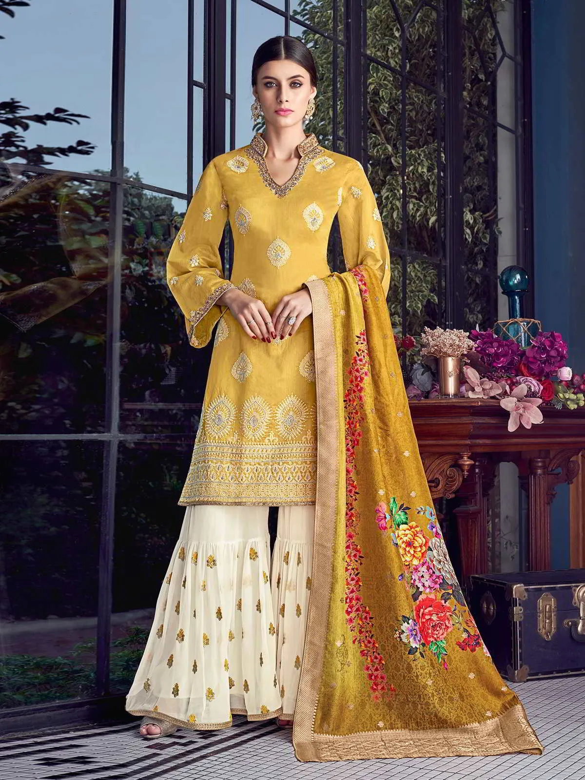 Yellow Beige Multi Embroidered Lucknowi Sharara Palazzo Suit