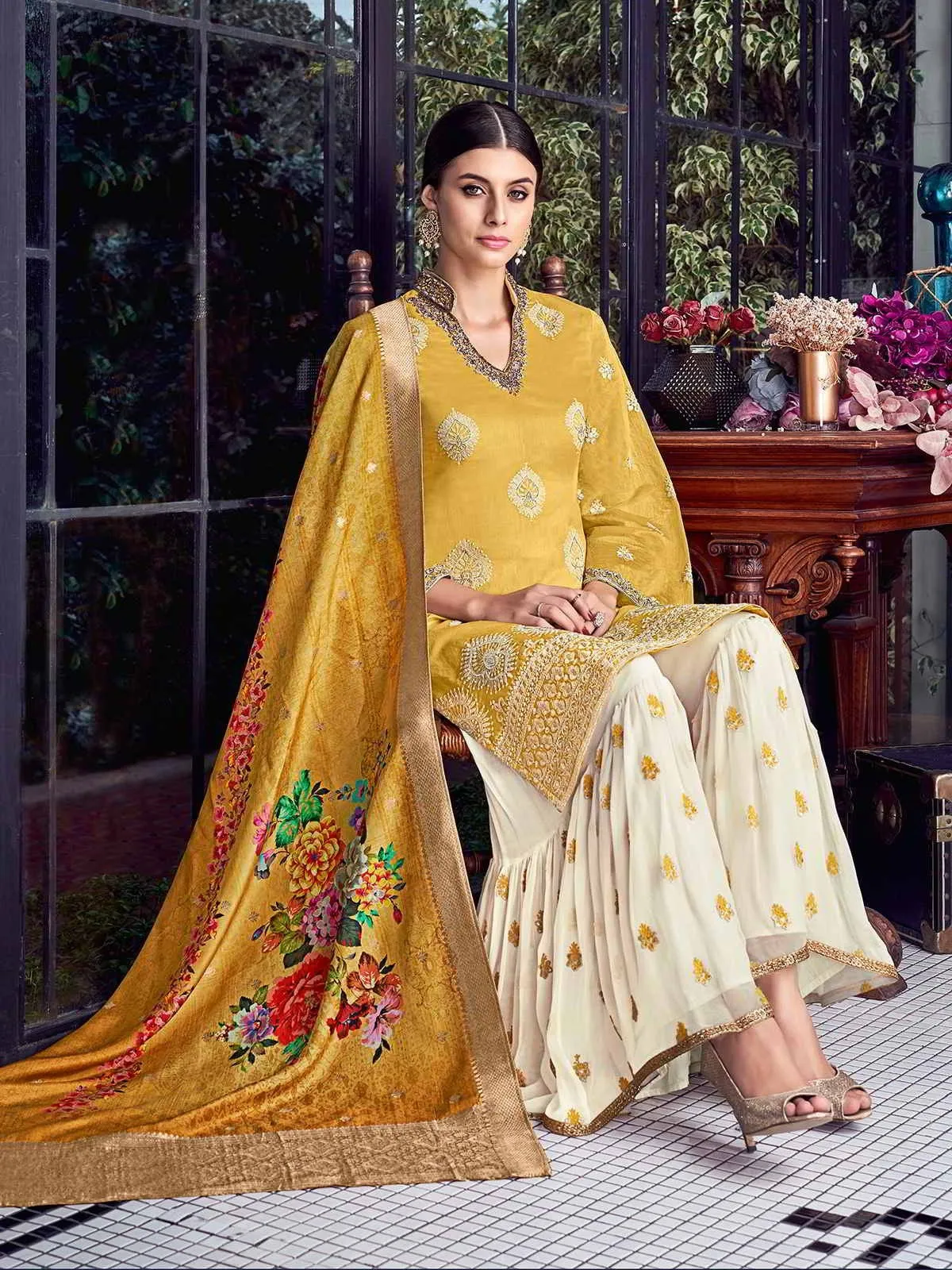 Yellow Beige Multi Embroidered Lucknowi Sharara Palazzo Suit