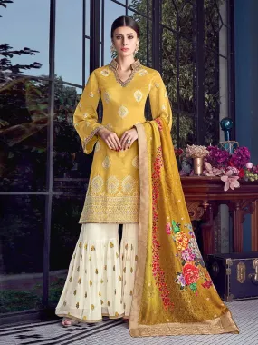Yellow Beige Multi Embroidered Lucknowi Sharara Palazzo Suit